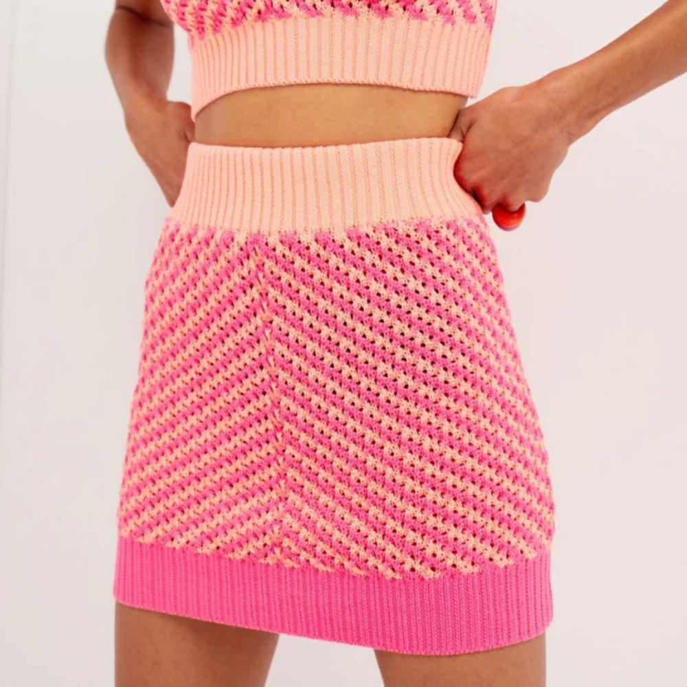 For Love & Lemons Pink and Peach Knit Mini Skirt